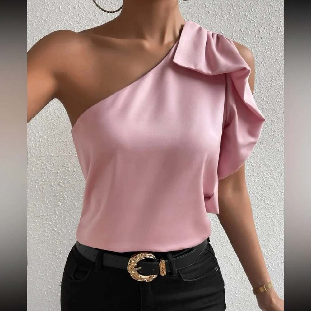 Luxe pink one shoulder satin blouse - Picture 6 of 6